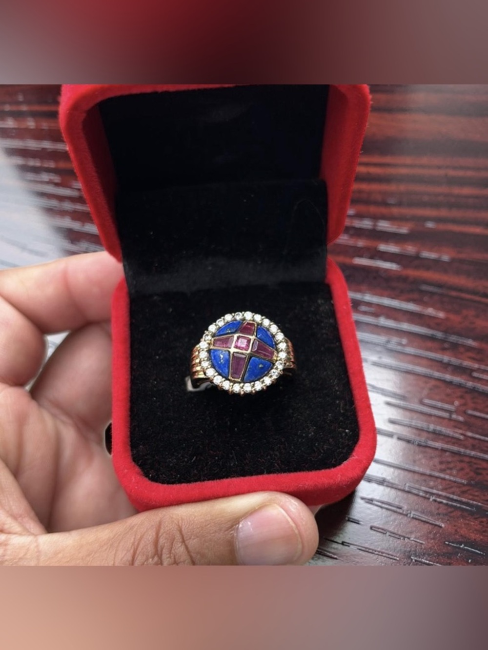 14k Gold Rubies, Diamonds & Lapis Ring